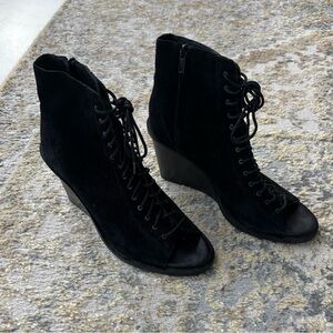 Women's Black Lace-Up Wedge Peep Toe Ankle Boots